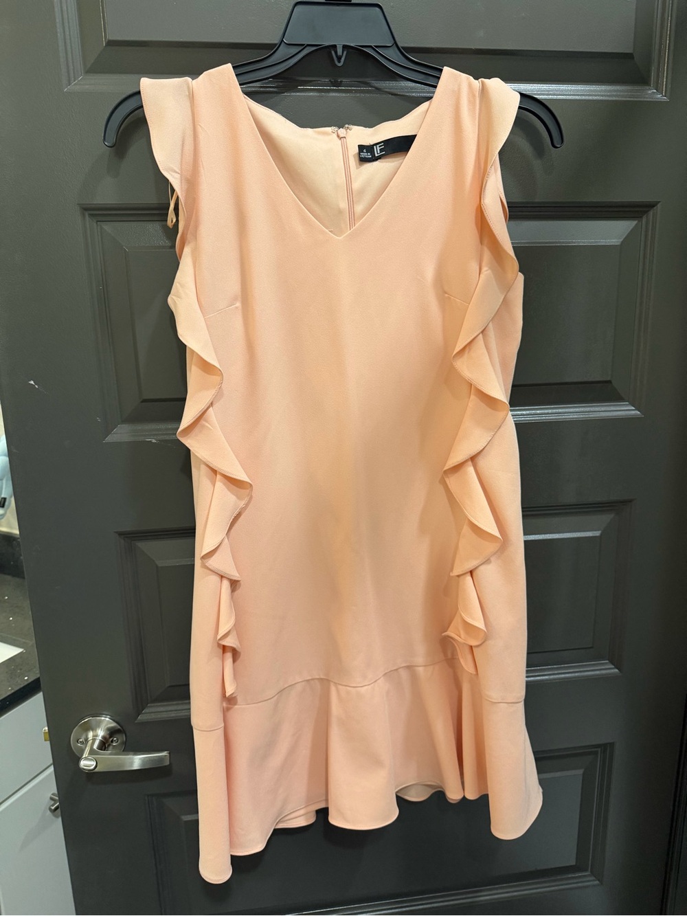 Leslie Fay Peach Sleeveless Shift Dress with Side Ruffle